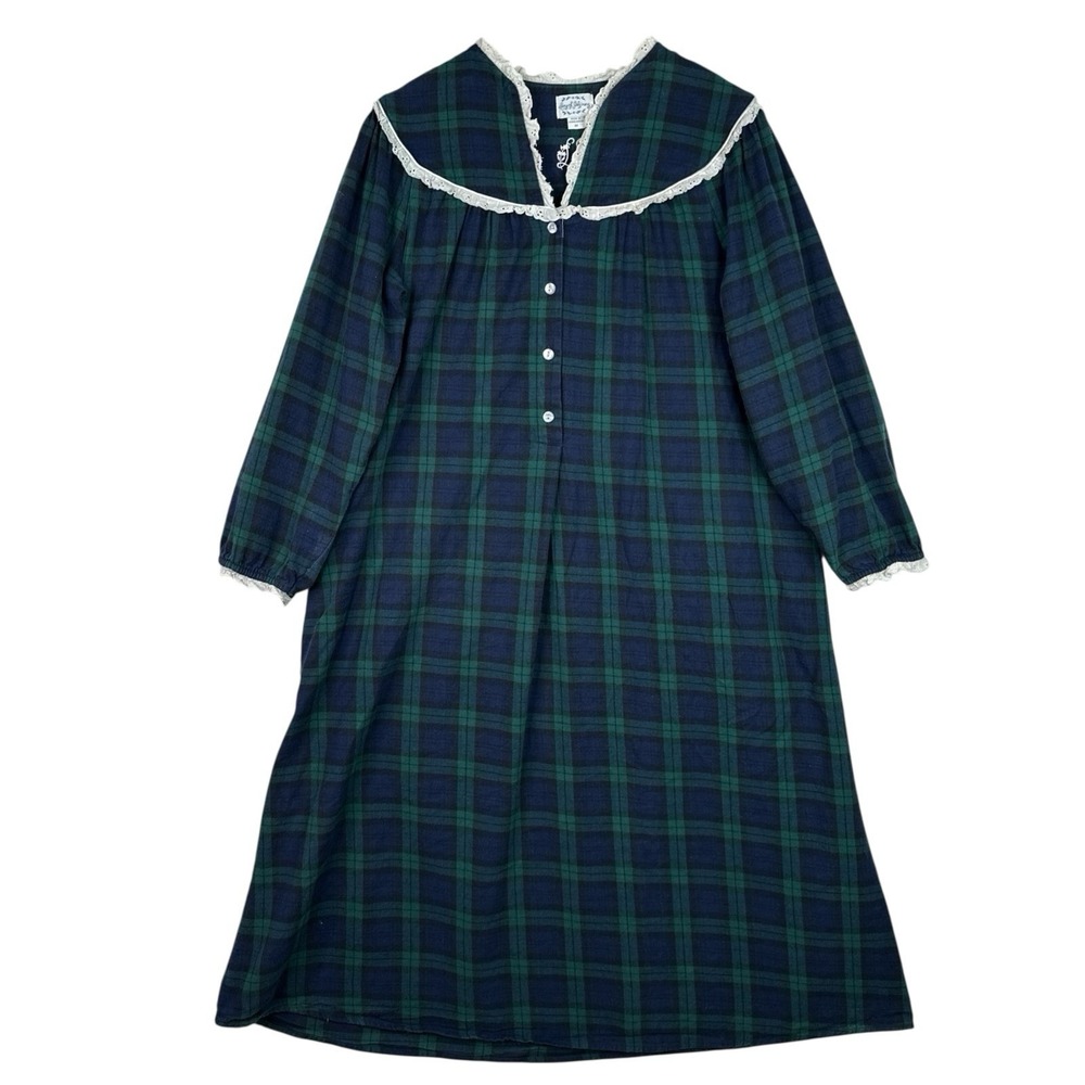 Lanz of Salzburg Plaid Cotton Nightgown Green Prairie Lace Collar Cottagecore‎